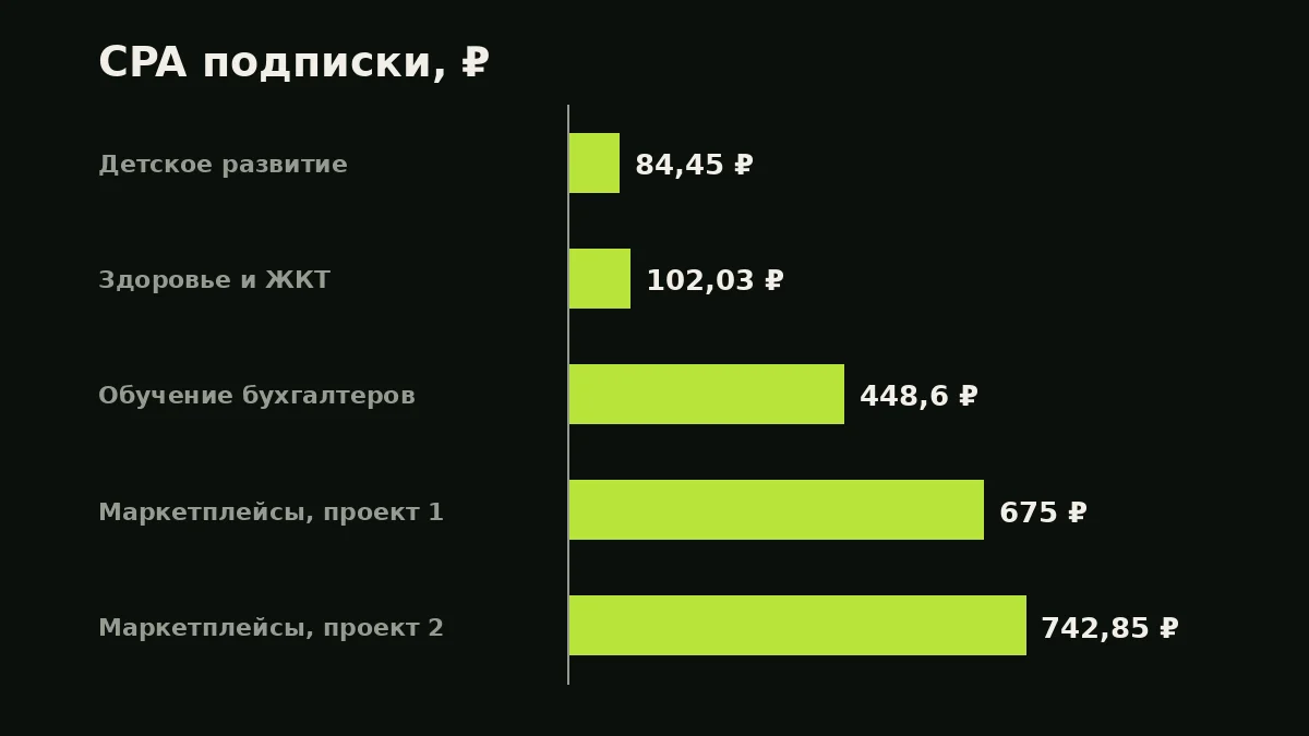 CPA подписки, ₽: Детское развитие — 84,45 ₽, Здоровье и ЖКТ — 102,03 ₽, Обучение бухгалтеров — 448,6 ₽, Маркетплейсы, проект 1 — 675 ₽, Маркетплейсы, проект 2 — 742,85 ₽