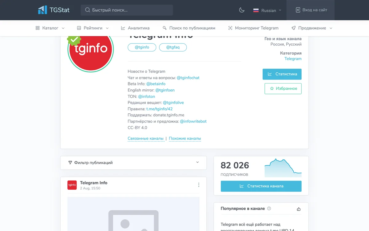 Интерфейс TGStat: карточка Telegram-канала с числом подписчиков, графиком динамики и метриками публикаций